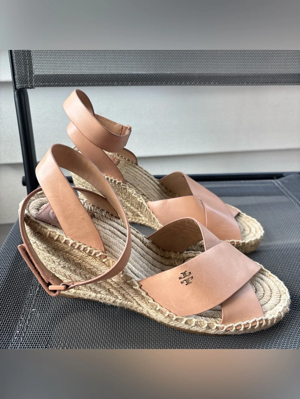 Tory Burch Tan Leather Wedge Espadrille Sandals Size 8.5